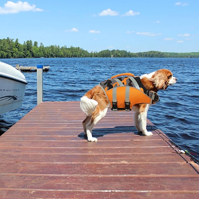 Kuoser Dog Life Jacket, High Visibility Ripstop, Adjustable for Medium Dogs, OrangeCamo