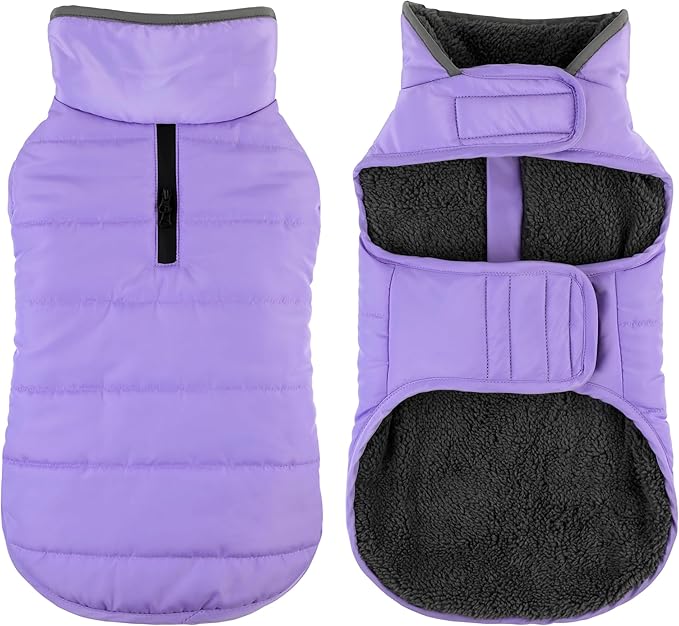 Dog Winter Coat, Waterproof Dog Jacket with Leash Hole, Reflective Adjustable Pet Snow Vest, Warm Fleece Sweater for Small Medium Large Dogs - Light Purple, S
