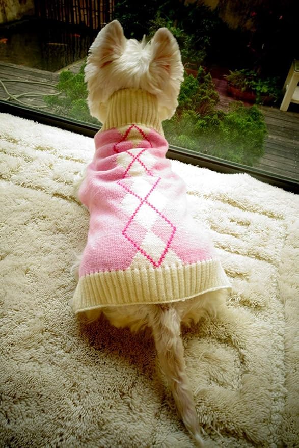 Pink Argyle Knit Dog Sweater for Girl Size Back Length 19" Girth 22-24"