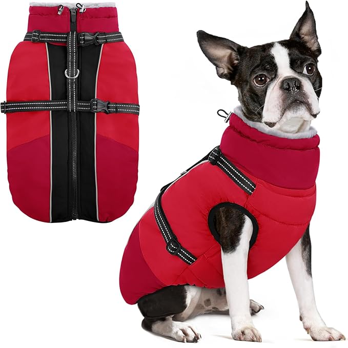 SUNFURA Dog Coat for Small Dogs, Warm Dog Winter Jacket with Harness Built in, Waterproof Pet Snow Jacket Fleece Cold Weather Coats for Puppy Chihuahua, Maltese, Red XS