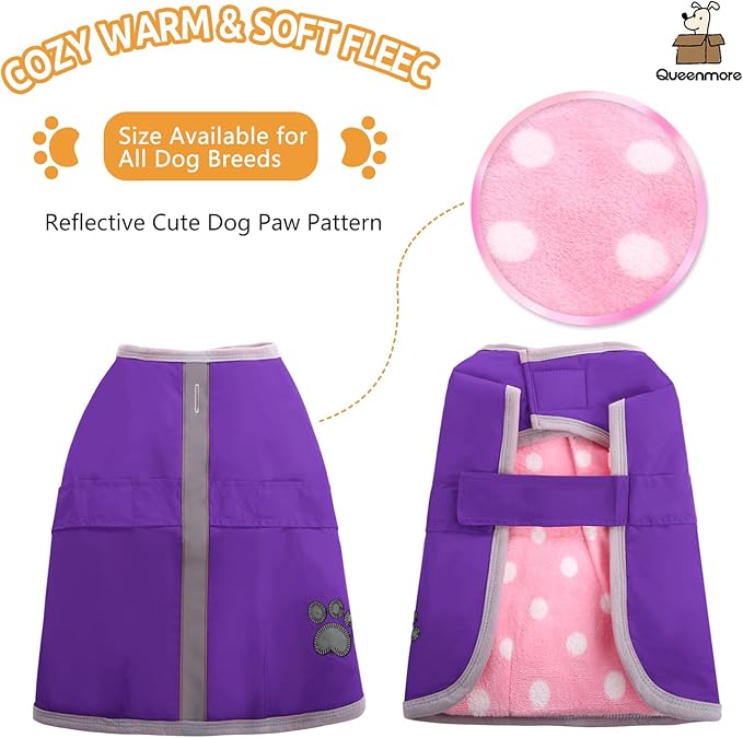 Queenmore Dog Winter Coat, Cold Weather Fleece Jacket for Dogs, Waterproof Reflective Reversible, for Small, Medium and Large Dogs (Purple, M)