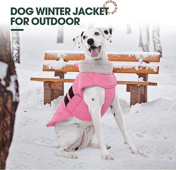 Kuoser Dog Jacket, Dog Coats for Large Dogs Winter Waterproof, Doggie Vest with Leash Hole, Canine Cold Weather Coats Doggie Snow Jacket for Labrador Beagle, Pink XL