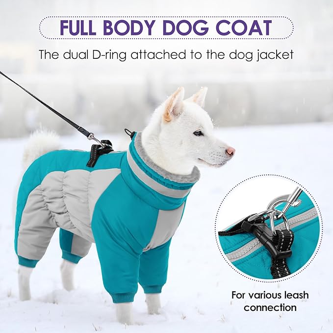 SUNFURA Full Body Dog Coat - Warm Fleece Jacket for Small Dogs, Turtleneck Winter Coats with Harness, Reflective Dog Snowsuit Windproof Puffer Jackets with Legs for Pug, Jack Russel, Turquoise S