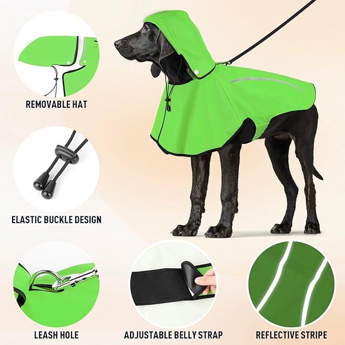 Dog Raincoat with Removable Hoodie, Rain Coats Waterproof Windproof Snowproof, Rain Jacket with Reflective Strip/Adjustable Drawstring/Leash Hole for Dog Walking (Green, Small)