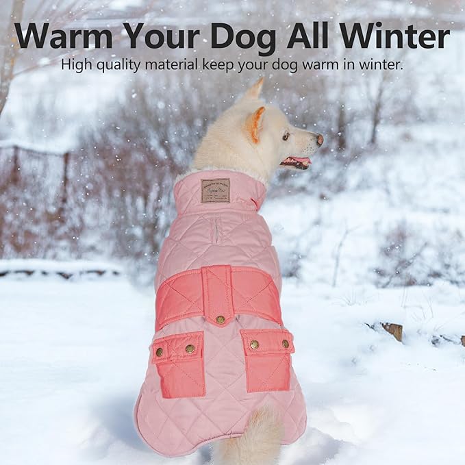 KYEESE Dog Coat Warm Pet Winter Puffer Coat with Leash Hole Soft Dogs Jacket with Pocket Windproof Pet Sweater Waterproof Pets Clothes for Cold Weather Thick Dog Coats for Medium Dogs