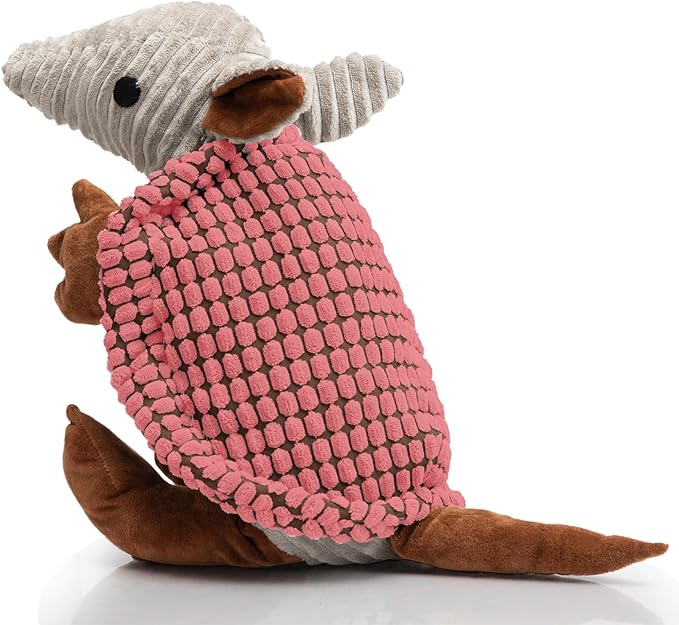 Hollypet Plush Dog Squeaky Toy Stuffed Armadillo Animal Pet Puppy Chew Toys with Clean Teeth for Small Medium Large All Breed Sizes Dogs, Bright Pink, 14 in