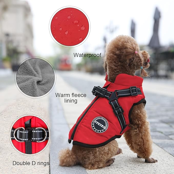 Dog Winter Coat,Warm Jacket Paded Fleece Pet Vest with Built in Harness,Windproof Reflective Cozy Adjustable Snow Pet Coat Clothes with Zipper for Small Medium Dogs