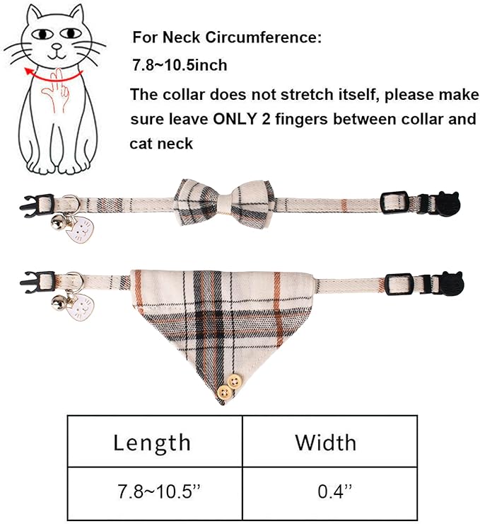 ADOGGYGO Plaid Cat Collar with Bow Bandana - 2 Pack Breakaway Kitten Collar with Removable Bowtie Bell Plaid Cat Bowtie Bandana Collars for Cats Kittens (Beige)