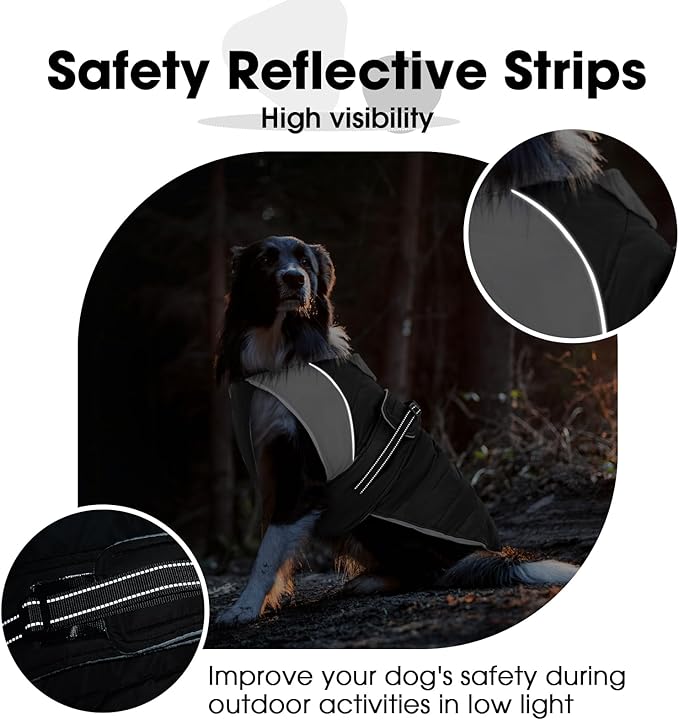 Nanaki Warm Fleece Lined Dog Coats Vests for Winter Waterproof, Furry Collar Dog Jacket with Leash Hole, Reflective Pet Snow Jacket Suit for Outdoor Walking Hunting,Easy On Puppy Coat Beagle, Black L