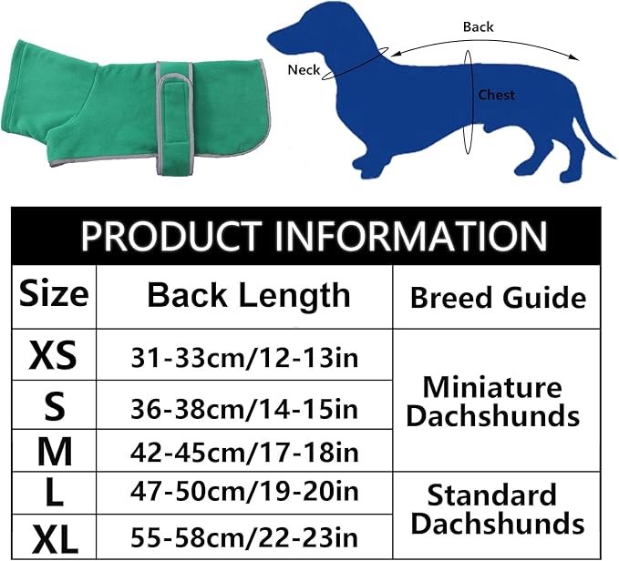 Geyecete Dachshund Sweater - Padded Fleece Lining Dog Jacket, Dachshund Coat - Green, XS