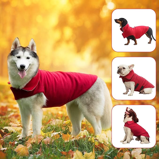 Fleece Dog Coat Pet Jacket Reflective for Cold Weather for Extra Large to Small Pets(Red,S)