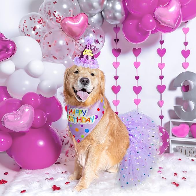 SCENEREAL Dog Birthday Bandana with Hat and Dress Girl Set, Large Dog Birthday Party Supplies, Cute Tutu Skirt Outfit for Medium Big Dogs
