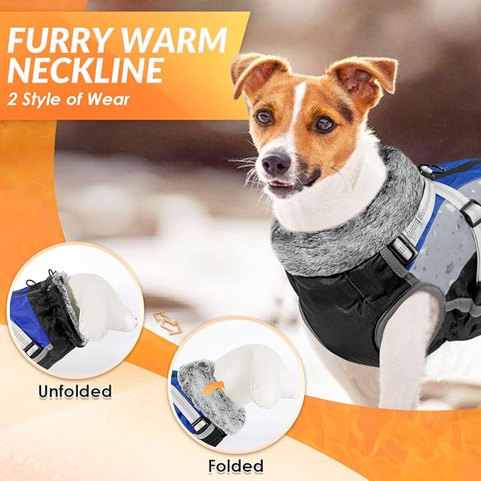 SlowTon Dog Jacket with Harness Built in - Waterproof Fleece Winter Warm Dog Coats for Small Medium Dogs, Reflective Adjustable Furry Puppy Vest Clothes for Outdoor Walking (Blue,XL)