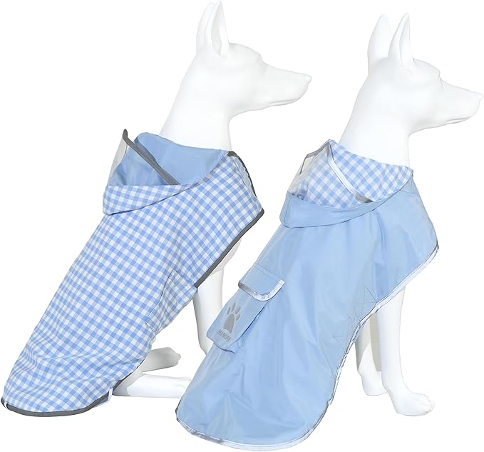 MAMORE Dog Raincoat Reversible,Waterproof Dog Rain Coat Hooded Slicker Poncho with Reflective Strip, Plaid Double Layer Rain Jacket for Small Medium Large Dogs (Light Blue, Medium)