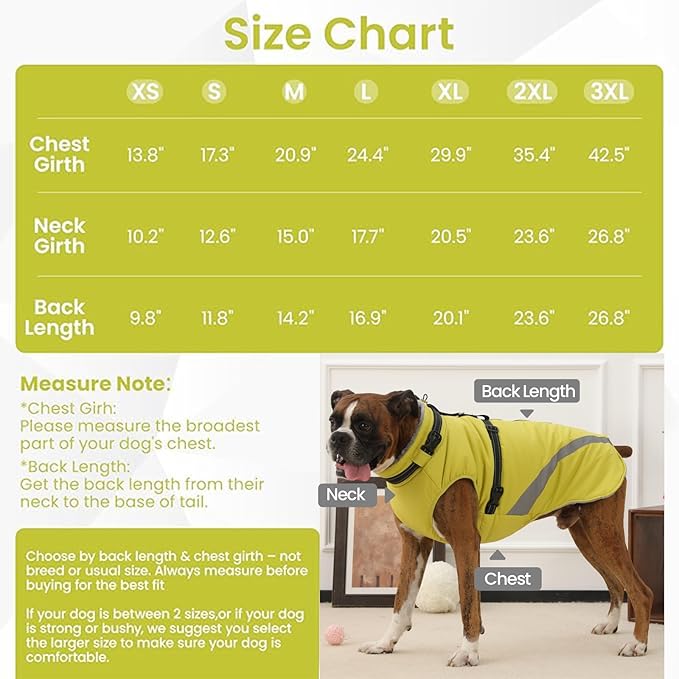 QBLEEV Dog Coat for Large Dogs, XL Dog Jacket for Winter Snow Waterproof with Built-in D-Ring Harness, Reflective Warm Thick Fleece Safety Vest, Cold Weather Snowsuit with Zip, Green, XL