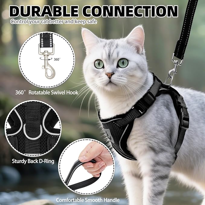 PUPTECK Cat Harness and Leash Set Escape Proof Reflective Cat Walking Harness Adjustable Soft Breathable Mesh Vest for Small Pets, Black, XS