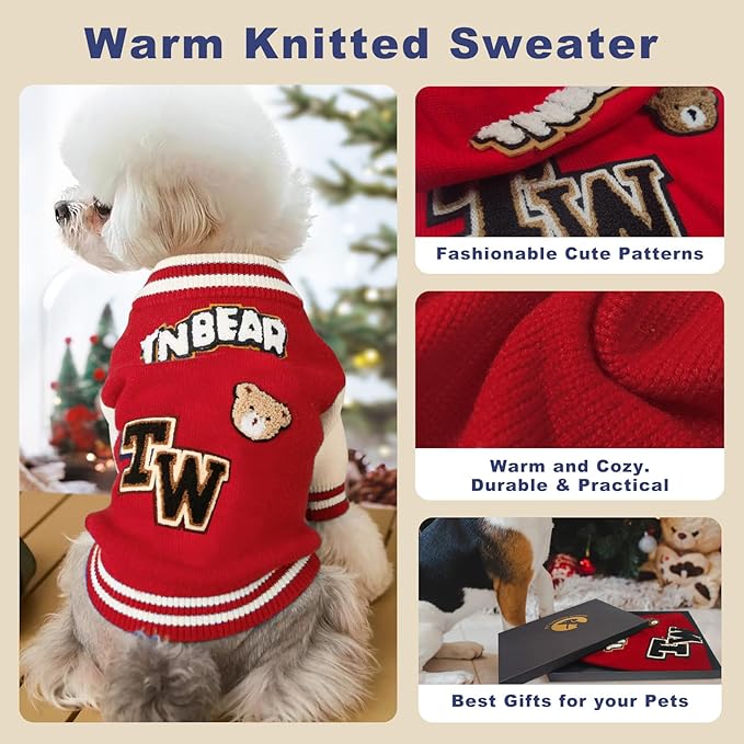 Small Dog Sweater Sweatshirt Cute Puppy Sweaters - Winter Red Warm Knitted Bear Design for Puppies (M)