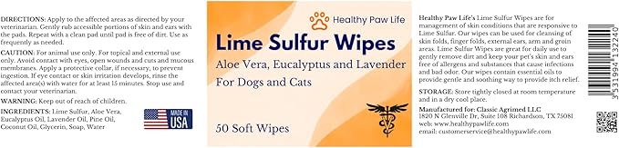 Healthy Paw Life Lime Sulfur Wipes - Relief for Itching, Scratching, and Redness - Infused with Lime Sulfur, Aloe & Essential Oils - Skin Care Solution for Pets (50ct, 2" Skin Soothe Wipes)