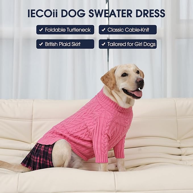 IECOii XL Dog Sweater Dress for Large Dogs Girl, Cable Knit Winter Dress for Female Dogs, Pink, XLarge, Soft Girl Dog Sweater with Tartan Plaid Skirt Cute Turtleneck Knitwear for Cold Weather