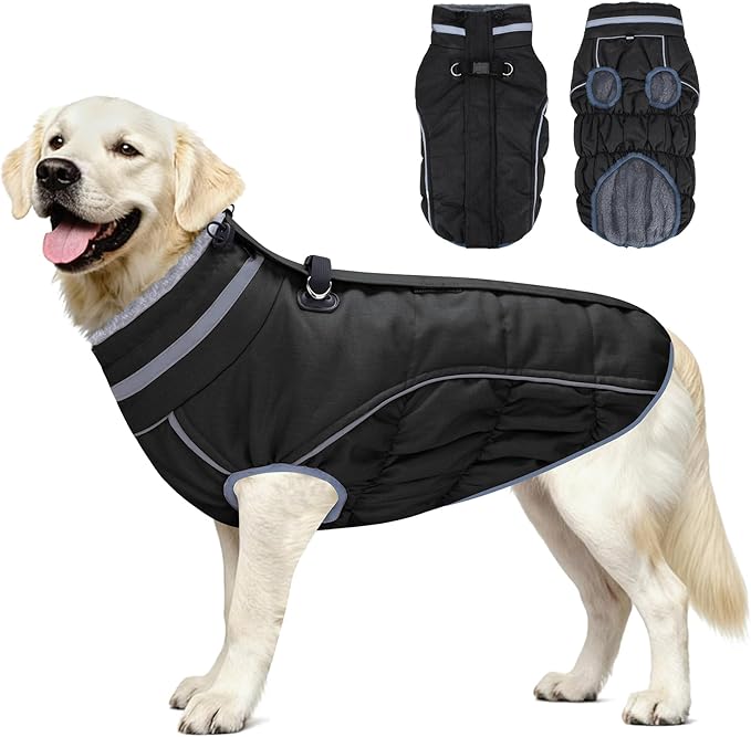 Malier Dog Coat, Reflective Dog Jacket Waterproof Windproof Puppy Cold Weather Coats with Harness Built in, Winter Extra Warm Pet Coat Fleece Vest for Small Large Pets and Puppy (Black, Medium)
