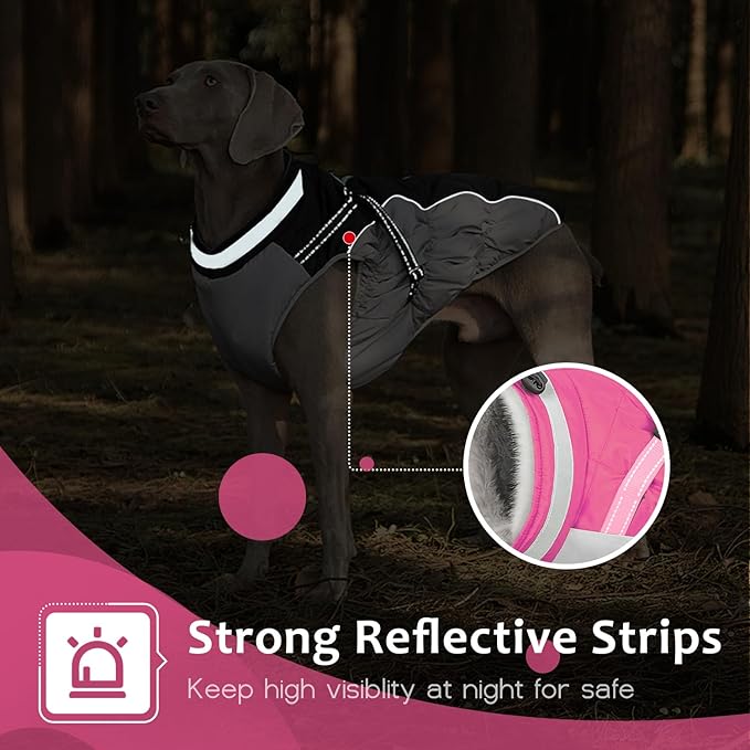 Dog Winter Coat with Harness, Dog Jacket, Pet Clothes with Zipper on Back, Waterproof Windproof Warm Vest, Reflective Cold Weather Coats, for Small Medium Large Dogs, Thick, Pink, 3XL