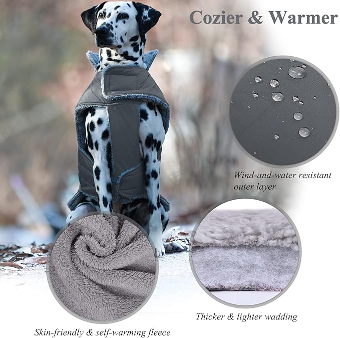 VIVAGLORY Frostfit Dog Coat, Dog Jacket for Winter & Cold Weather, Warm Fluffy Fleece Lined Water Resistant Reflective for Puppy, Coat with Velcro Fastening & Leash Hole, M, Grey