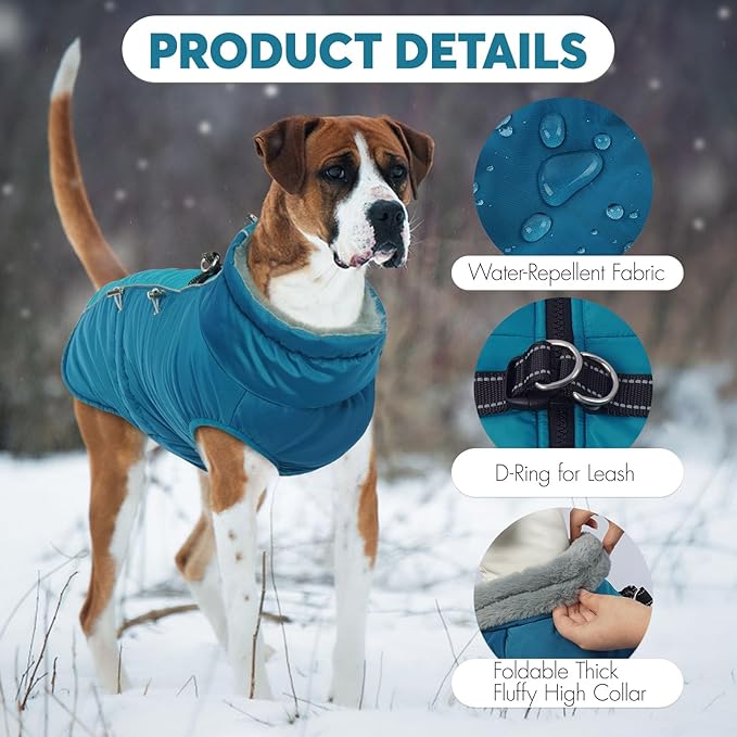 IDOMIK Warm Dog Coat with Harness, Waterproof Reflective Dog Jackets for Small Medium Large Dogs, Fleece High Collar Winter Jacket with Zipper, Pet Winter Snowsuit Clothes for Cold Weather,Blue S