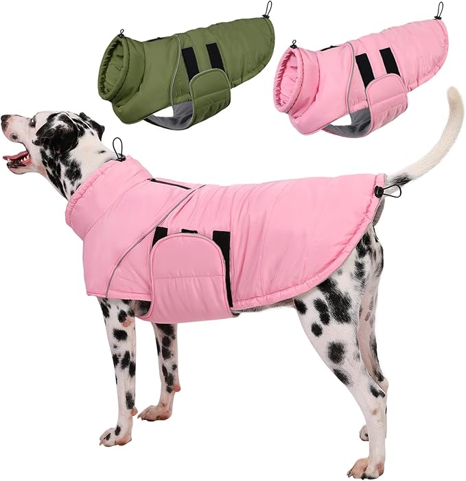 ASENKU Extra Warm Dog Coat with Fleece, Reflective Puffer Jacket, Adjustable with Zippered Leash Hole for Large Dogs, Winter Clothes (Pink, 2XL)