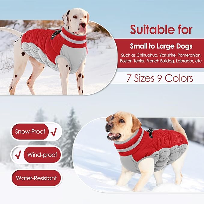 AOFITEE Dog Coat, Warm Dog Jackets for Large Dogs, Reflective Turtleneck Dogs Winter Coat with Harness Built in, Waterproof Windproof Pet Snow Jacket Fleece Vest for Cold Weather, Christmas Red XXL