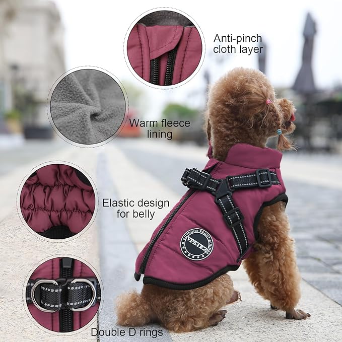 Winter Coat - Dog Jacket Padded Fleece Vest with Built-in Harness, Waterproof, Windproof & Reflective - Adjustable Snow Pet Coat for Small & Medium Dogs