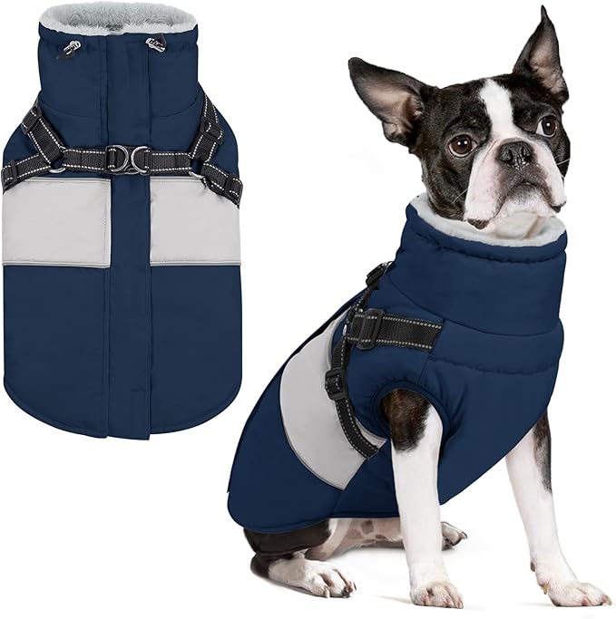 SUNFURA Small Dog Coat with Harness Built in, Warm Dog Jacket Winter with Zipper On Back, Waterproof Pet Snow Jacket Snowsuit Pet Sweater Clothes for Schnauzer, Yorkshire Terrier, Navy Blue S
