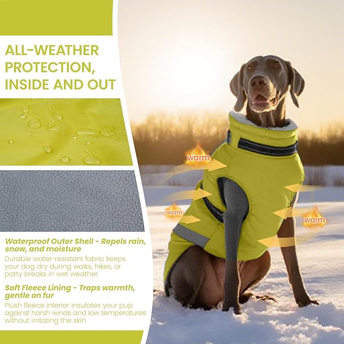QBLEEV Dog Coat for Large Dogs, XL Dog Jacket for Winter Snow Waterproof with Built-in D-Ring Harness, Reflective Warm Thick Fleece Safety Vest, Cold Weather Snowsuit with Zip, Green, XL