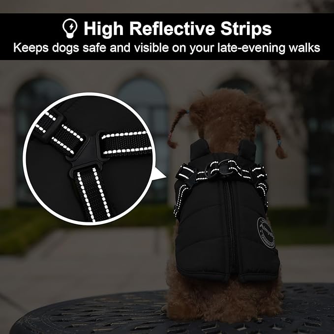 Warm Dog Jacket - Reflective Fleece Vest with Built-in Harness, Waterproof Windproof Snow Jacket for Small Medium Dogs, Black XS