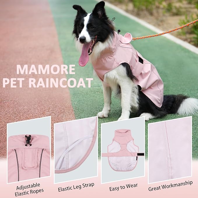 Waterproof Dog Raincoat, Adjustable Lightweight Dog Rain Jacket with Reflective Strip Leash Hole for Small Medium Large Dogs (Pink, X-Large(37-55lb))