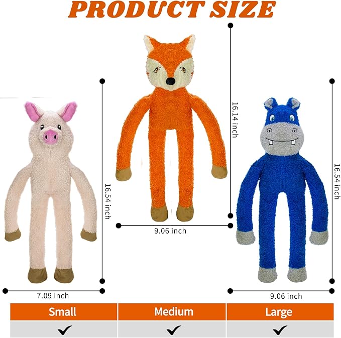 3 Pack No Stuffing Crinkle Squeaky Interactive Plush Dog Toys for Aggressive Chewers to Keep Puppy Busy for Boredom Small & Medium Breeds Furry Friend Teething Orange Fox Pink Pig Blue Hippo