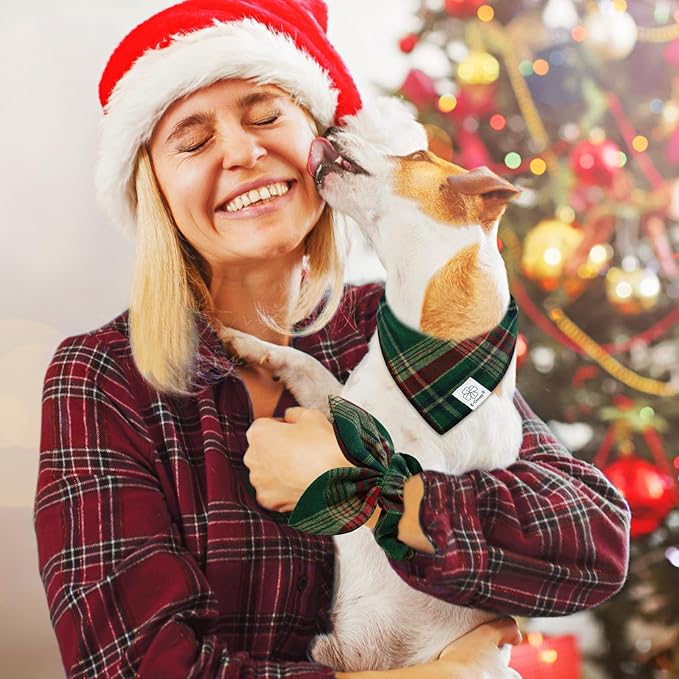E-Clover Christmas Cute Dog Bandanas Plaid Dog Bandana Matching Scrunchie Pet Kerchief Scarf for Medium Large Dogs Boy Girl Green Red