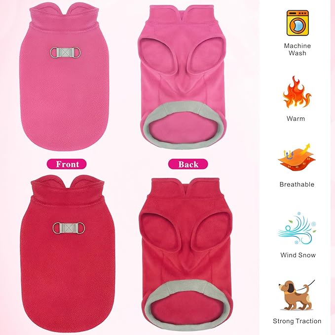 Idepet 2 Pack Dog Fleece Vest Sweater Warm Pullover Jacket with D-Ring Leash Reflective Winter Coat Hoodie for Puppy Cat French Bulldog Pug Chihuahuas Yorkies Dachshunds (Red&Rose Red, XX-Large)