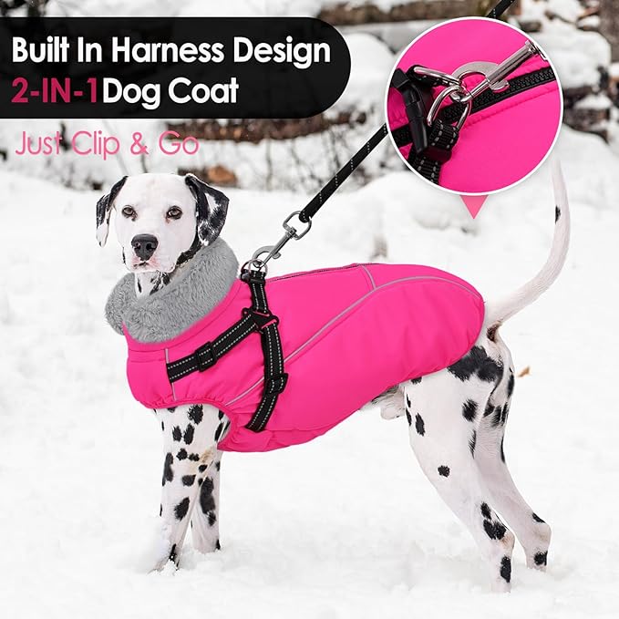 AOFITEE Small Dog Coat, XS Dog Jacket Winter with Harness Built in, Warm Fleece Puppy Coat, Waterproof Pet Puffer Jacket Snowsuit with Zipper, Reflective Dogs Cold Weather Coats Sweater, Pink XS