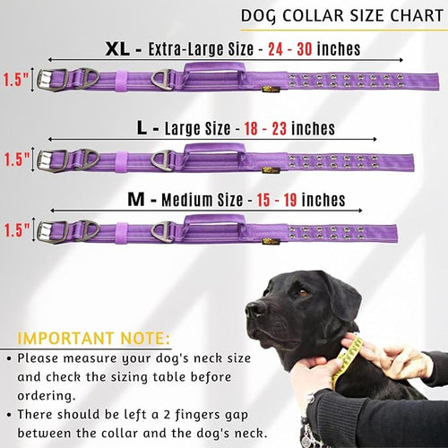 ADITYNA Heavy Duty Dog Collar for Large Dogs - Reflective Purple Collar with Handle for Training, and Walking - Wide, Thick, Tactical, Soft Neoprene Padded