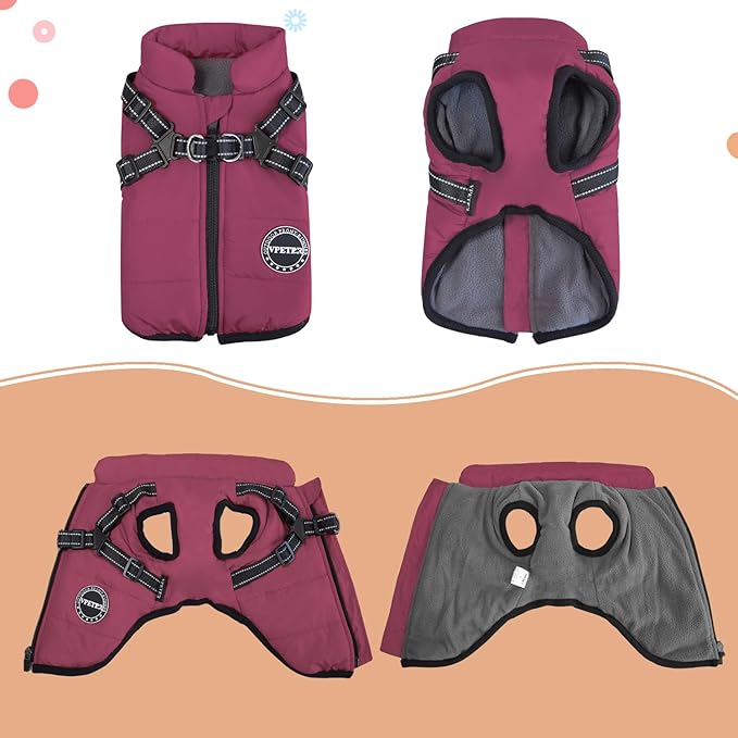 Dog Winter Coat,Warm Jacket Paded Fleece Pet Vest with Built in Harness, Windproof Reflective Cozy Adjustable Snow Pet Coat Clothes with Zipper for Small Medium Large Dogs