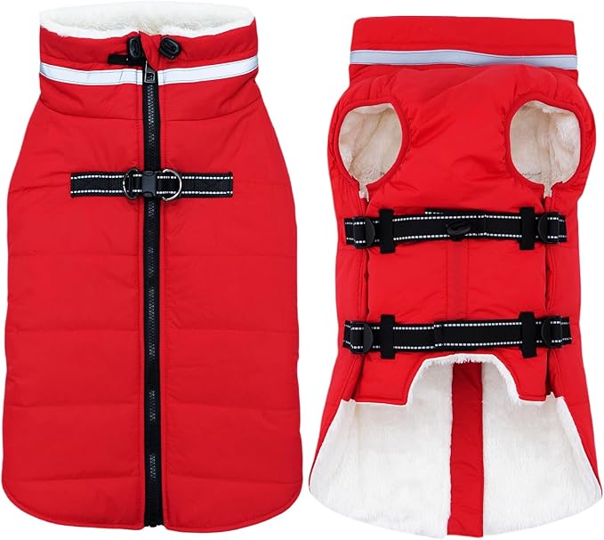 Small Dog Coat with Harness Built-in, Waterproof Reflective Fleece Lined - Warm Windproof Winter Jacket with Back Zipper, Cold Weather Snow Dog Coats - Red - S