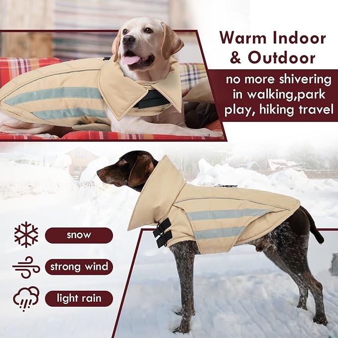 Large Dog Jacket Waterproof Warm Dog Winter Coats with Harness Hole Turtleneck Reflective Snowsuit Adjustable Fleece Coat for Dogs French Bulldog, Khaki L
