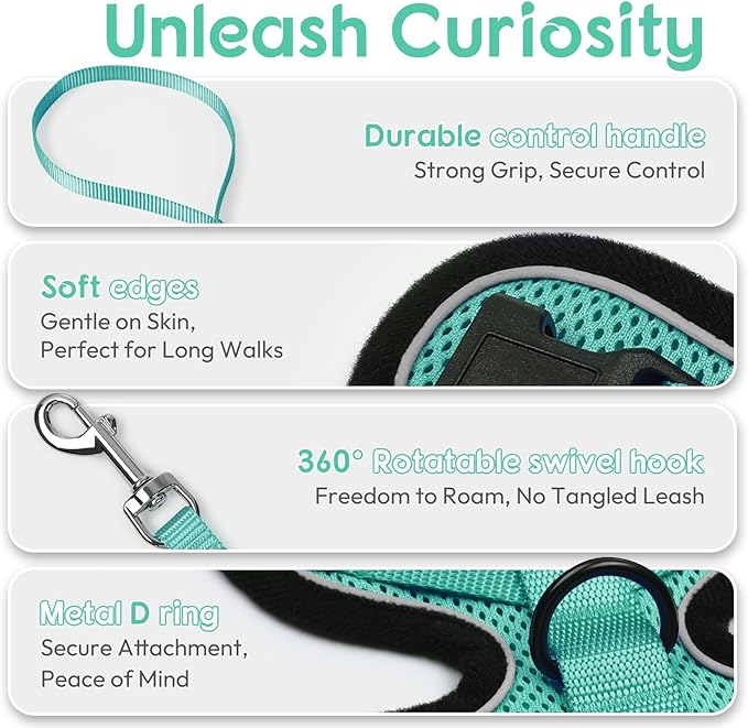 Dooradar Cat Harness and Leash Set, Escape Proof Safe Adjustable Kitten Vest Harnesses for Walking, Easy Control Soft Breathable Mesh Jacket with Reflective Strips for Cats, Green, XS