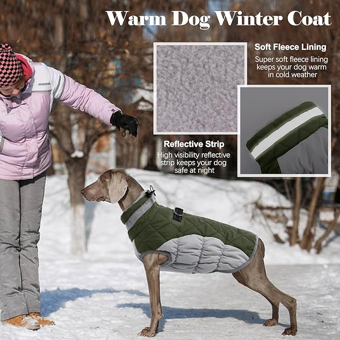 Lelepet Dog Coat Warm Dog Winter Coat Waterproof Dogs Jacket with Harness Built in Reflective Pet Fleece Vest Zip-Up Cold Weather Coats for Large Dogs Turtleneck Windproof Boston Terrier Army Green L