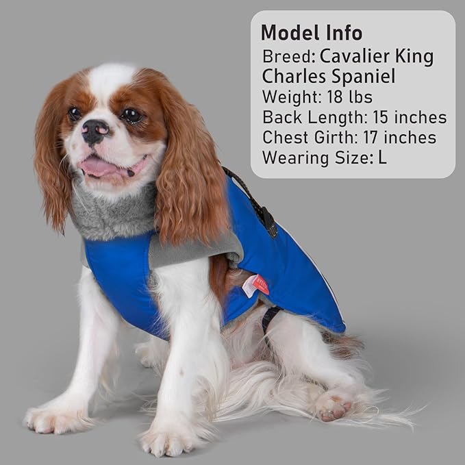 KYEESE Waterproof Dog Coat, Windproof Pet Jacket with Thick Fleece Lining, Extra Warm High Collar Dog Coats for Medium to Large Dogs with Leash Hole and Reflective Strips, Blue, XX-Large