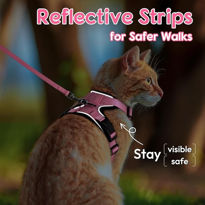 Dooradar Cat Harness and Leash Set, Escape Proof Safe Adjustable Kitten Vest Harnesses for Walking, Easy Control Soft Breathable Mesh Jacket with Reflective Strips for Cats, Pink, XS