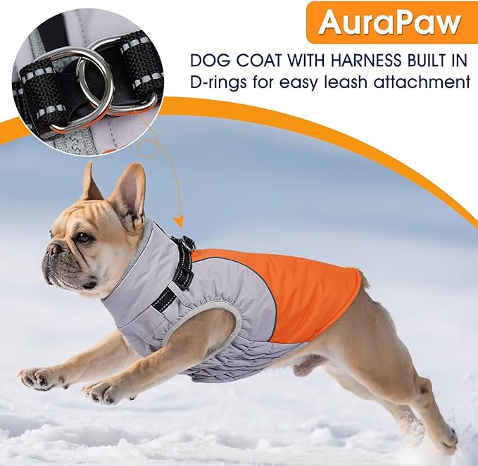 Small Dog Coat with Harness Built in,Warm Dog Jacket Water-Repellent Pet Winter Coat Snowsuit for Cold Weather,Reflective Fleece Jackets,Warm Pet Jacket with Zip,Doggy Winter Coats,Orange,S