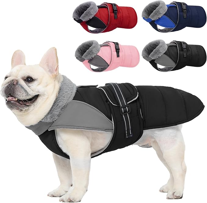 Nanaki Small Dog Coats for Winter Waterproof, Warm Fleece Lining Dog Jacket with Leash Hole, Reflective Cold Weather Puppy Jacket Vest, Easy On Pullover Pet Snow Jacket Male Female, Bulldog, Black M