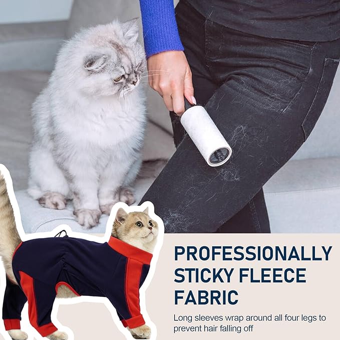 Cat Pajamas for Cats Only, Sticky Hair Cat Clothes, Long Sleeve Sphynx Clothes, Anti-Licking or Skin Disease Recovery Suit for Female Cats, Kitten Onesie Pajamas, DarkBlue, M
