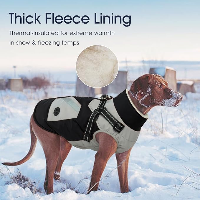 IECOii Dog Coat with Harness Built in - Black, Large - Waterproof Winter Coat, Fleece Lined Snow Jacket for Dogs